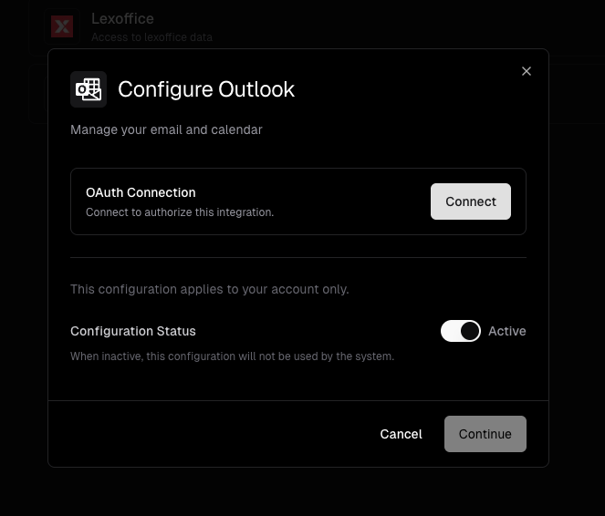 Higent: Outlook Connect button / OAuth area