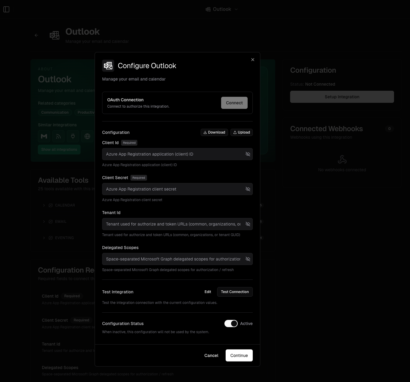 Higent: Outlook integration — organization configuration (client ID, secret, tenant ID)