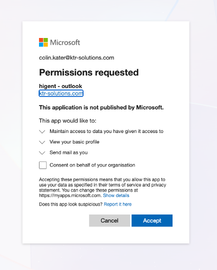Microsoft: requested permissions for the app