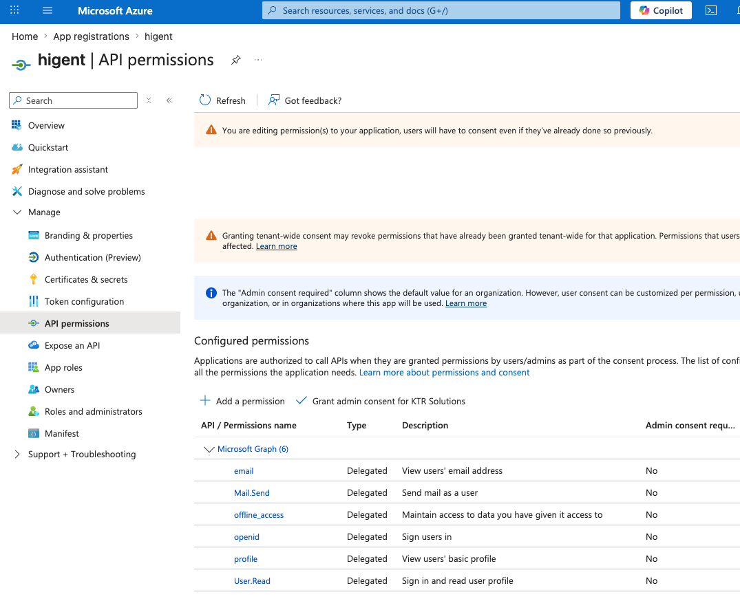 API-Berechtigungen: Microsoft Graph, delegiert, mit Admin-Zustimmung