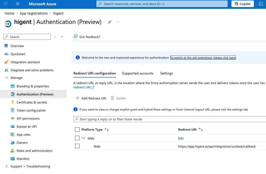 Authentifizierung: Web-Plattform mit Redirect-URI für Outlook